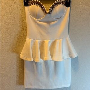 White Mini Peplum Dress with Stud Accents